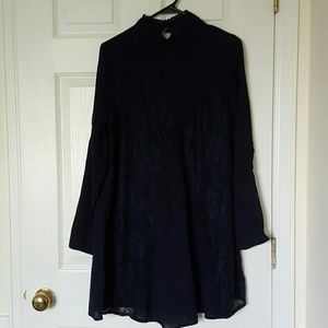 Mock Neck Lace-front Dress -Navy